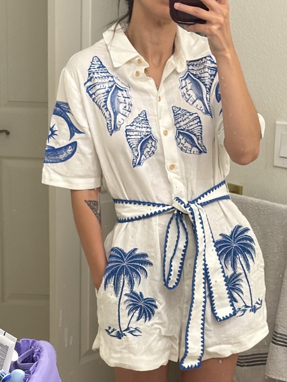 Farm rio  White & Blue Palm-Print Romper with Waist Tie